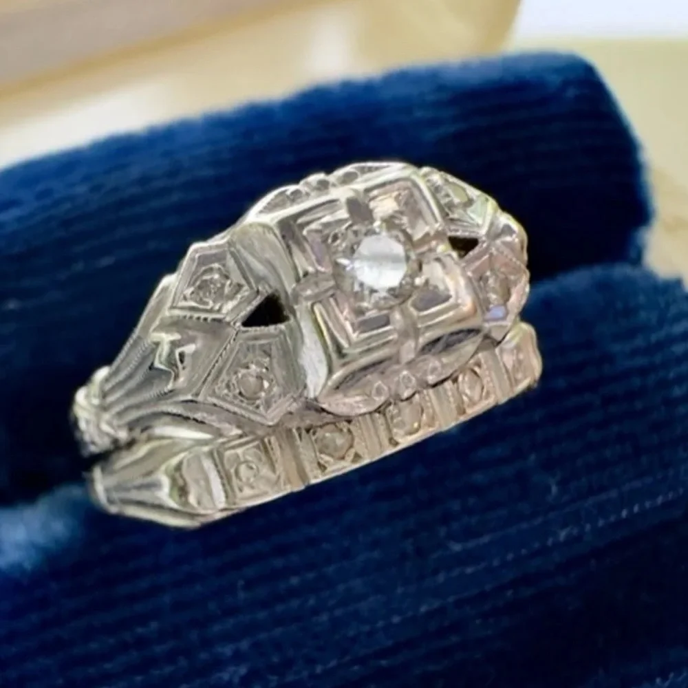 Antique 14K Gold Diamond Engagement Ring & Wedding Band 10K Gold Estate Art Deco - Picture 3 of 14